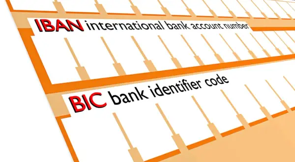 Formular z polami na IBAN i BIC. Potrzebujesz kodu BIC, aby wysłać pieniądze za granicę.