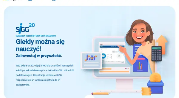 Grafika promuje grę giełdową SIGG, ucząc jak grać na giełdzie. Uśmiechnięta dziewczyna pokazuje wykresy i kalkulator, symbolizując naukę inwestowania.