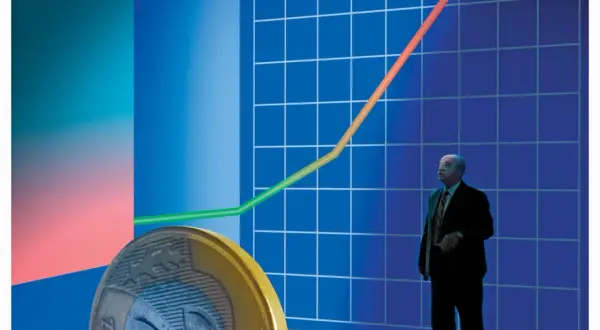 Biznesmen patrzy na wykres wzrostu, symbolizujący potencjalny zysk lub niebezpieczną lichwę. Moneta sugeruje finanse.