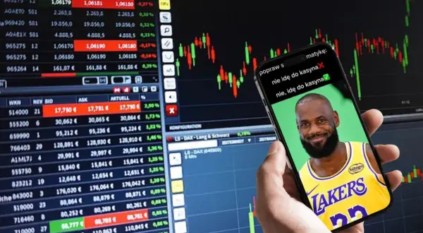 Czy giełda to hazard? Na ekranie telefonu LeBron James z pytaniem, czy idzie do kasy. Wykresy giełdowe w tle.