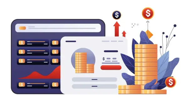 Ilustracja przedstawia nowoczesne narzędzia fintech: wykresy, stosy monet i ikony dolara symbolizujące wzrost finansowy i inwestycje.