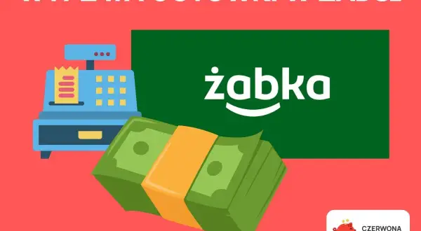 W Żabce możesz wypłacić gotówkę. Obrazek przedstawia kasę fiskalną, banknoty i logo Żabki.