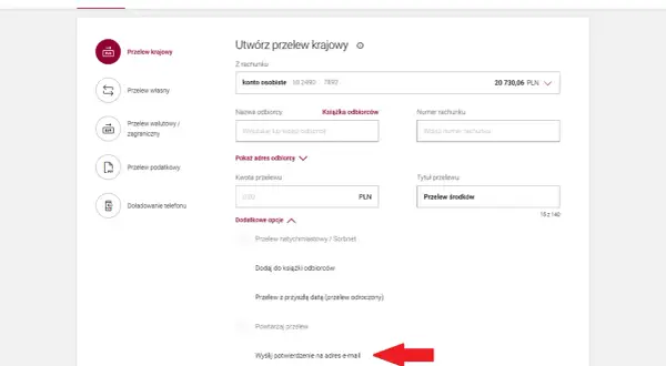 Wyślij potwierdzenie na adres e-mail, aby uzyskać potwierdzenie przelewu.