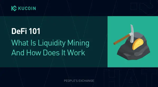 DeFi 101: Co to liquidity mining? Grafika przedstawia kilof wydobywający złoty token z bryły węgla, symbolizując zyski z dostarczania płynności.