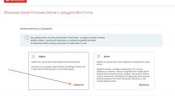 Santander: otwórz konto firmowe online. Wybierz weryfikację przez zdjęcie lub kuriera, by założyć swoje nowe konto.