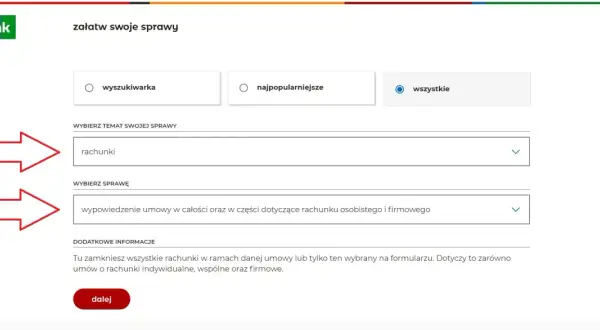 Formularz mBanku. Wybierz "rachunki" i "wypowiedzenie umowy", aby dowiedzieć się, jak zamknąć konto w mbanku.
