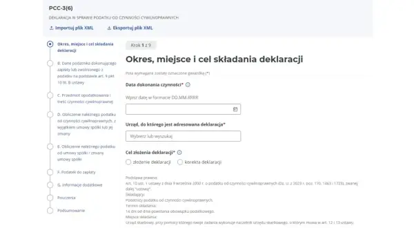 Formularz PCC-3(6) - Okres, miejsce i cel składania deklaracji. Wpisz datę czynności, wybierz urząd skarbowy i zaznacz cel złożenia deklaracji.