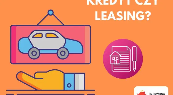 Kredyt czy leasing? Wybierz najlepszą opcję na **auto na raty**. Ilustracja przedstawia samochód, rękę i dokumenty.