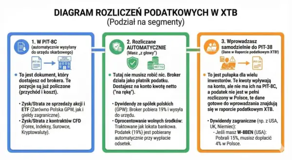 Diagram rozliczeń podatkowych w XTB: PIT-8C, rozliczenia automatyczne i samodzielne wprowadzanie do PIT-38. XTB dywidenda 2026.