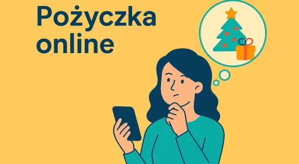Kobieta myśli o świątecznych prezentach, przeglądając ofertę pożyczka online na telefonie.