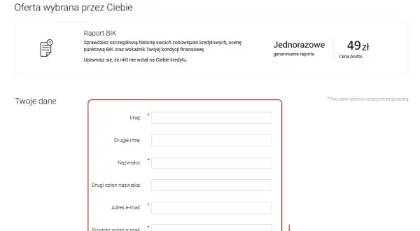 Formularz do wypełnienia danych osobowych w celu uzyskania raportu BIK. Sprawdź swoją historię kredytową i kondycję finansową.