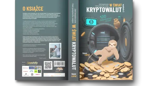 Kryptowaluty od czego zacząć? Książka "Jak bezpiecznie w świat kryptowalut" z leniwcem na stosie monet.