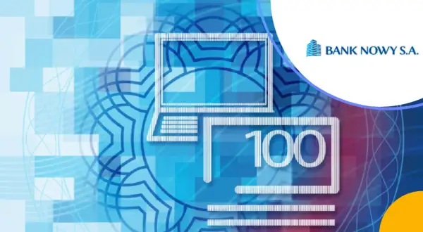 Grafika przedstawia symboliczny depozyt w banku, gdzie komputer i banknot 100 symbolizują bezpieczeństwo finansowe.