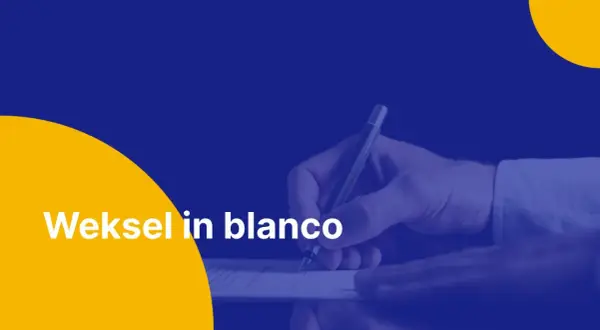 Dłoń podpisuje dokument, tekst "Weksel in blanco" na żółtym tle.