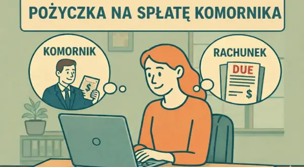 Kobieta szuka pożyczki z komornikiem od ręki, by spłacić rachunki. Myśli o komorniku i zaległych płatnościach.