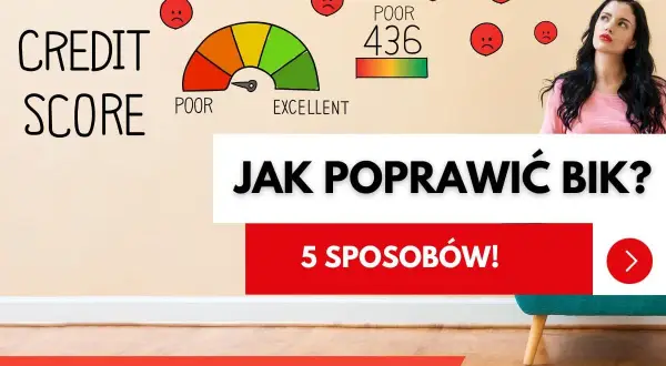 Kobieta martwi się niskim scoringiem kredytowym (436). Grafika pokazuje skalę od "POOR" do "EXCELLENT" i smutne buźki.