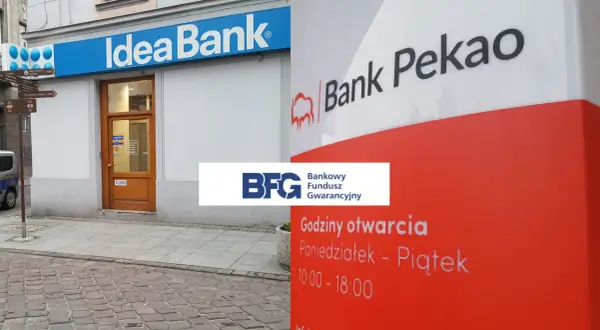 Idea Bank i Bank Pekao obok siebie. Na czerwonym słupie godziny otwarcia: poniedziałek-piątek 10:00-18:00.