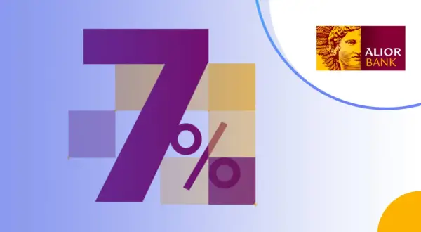 Duża cyfra 7 z symbolem procentu, logo Alior Bank. Sprawdź, jakie oprocentowanie w Alior Bank możesz uzyskać.