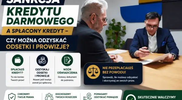 Sankcja kredytu darmowego: odzyskaj odsetki i prowizje po spłacie. Nie przepłacałeś bez powodu! Skutecznie walczymy o Twoje pieniądze.
