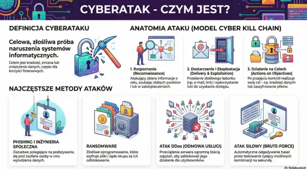 Ilustracja wyjaśnia, czym jest cyberatak, jego anatomię i najczęstsze metody, takie jak phishing czy ransomware.