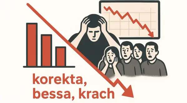 Ludzie z przerażeniem patrzą na wykresy giełdowe, które pokazują spadki. To korekta, bessa, krach.