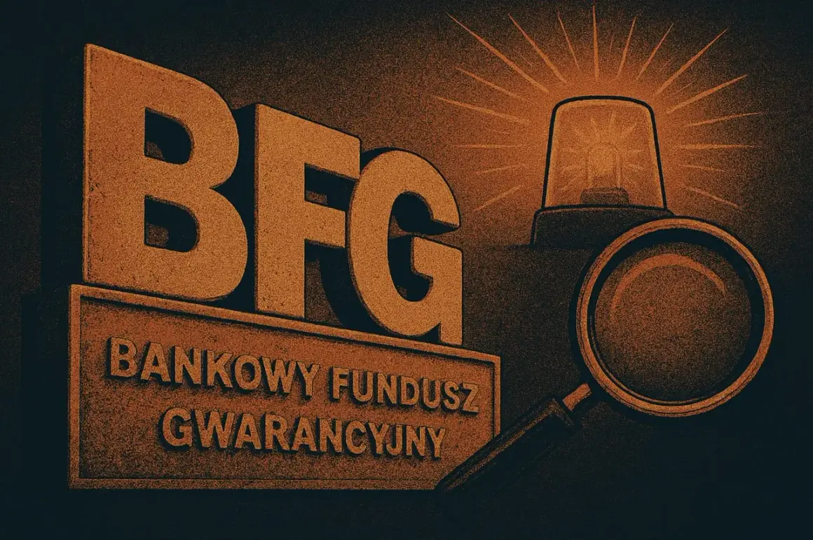 Trójwymiarowe litery BFG nad tabliczką "BANKOWY FUNDUSZ GWARANCYJNY". Obok lupa i migająca lampka ostrzegawcza.