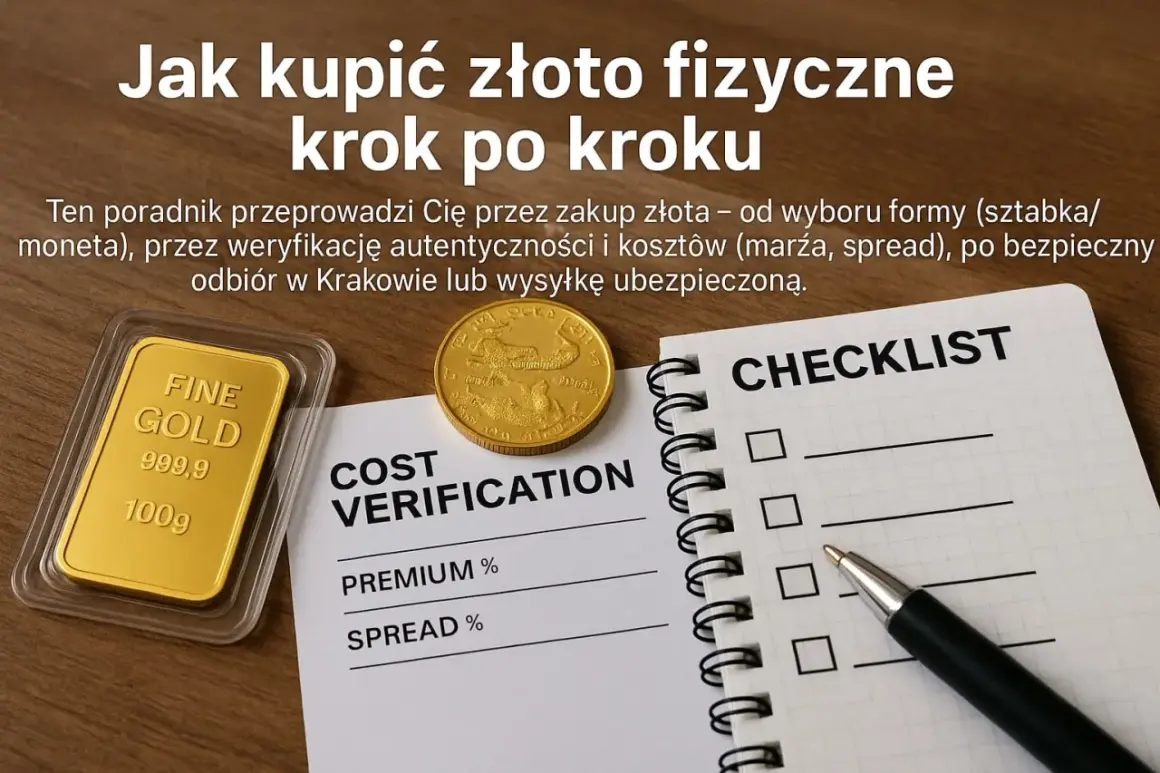 Jak kupić złoto fizyczne? Poradnik krok po kroku: sztabka, moneta, weryfikacja, koszty i bezpieczny odbiór.
