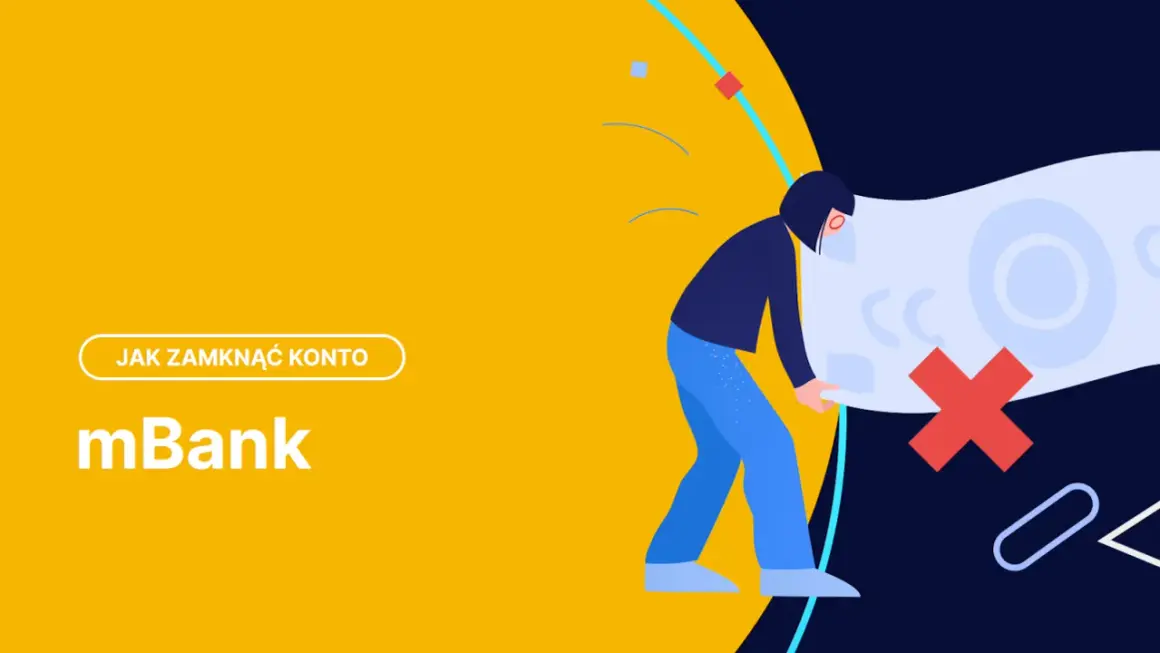 Ilustracja z napisem "Jak zamknąć konto w mBank". Postać pochyla się nad symbolem przekreślonego konta.