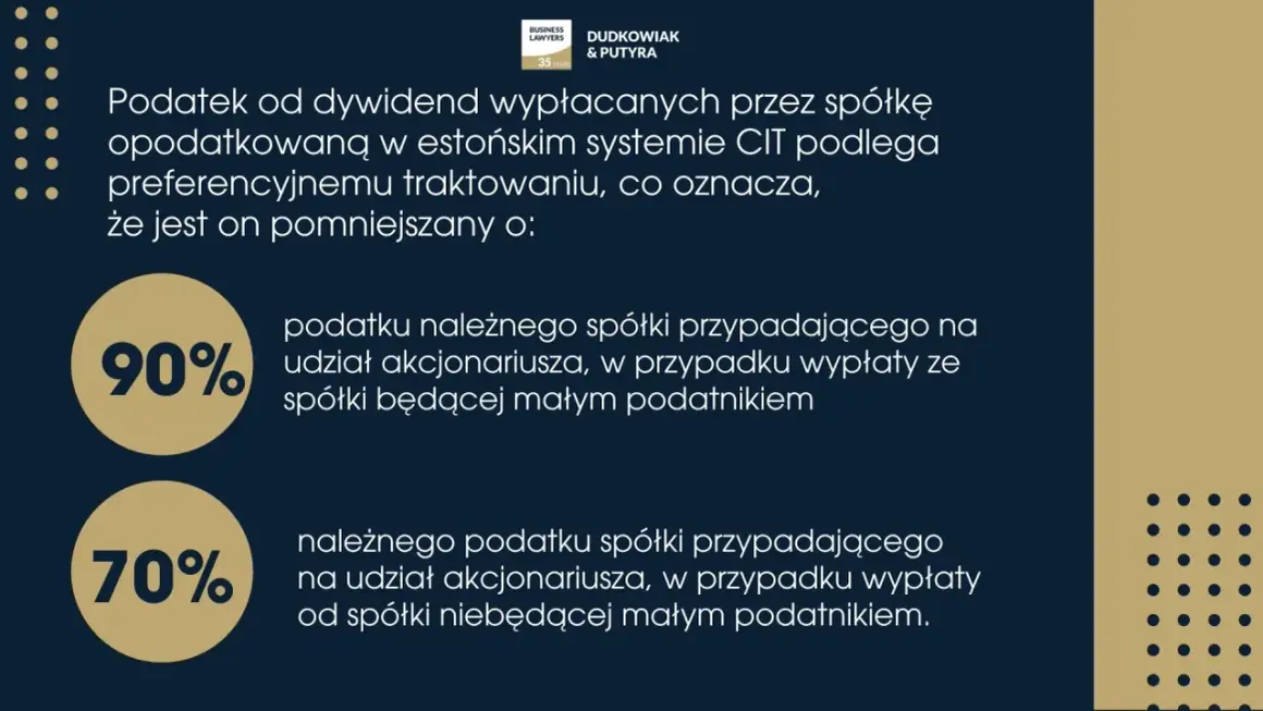 Podatek od dywidendy wypłacanej przez spółkę estońską CIT jest niższy o 90% (mały podatnik) lub 70% (nie mały podatnik).