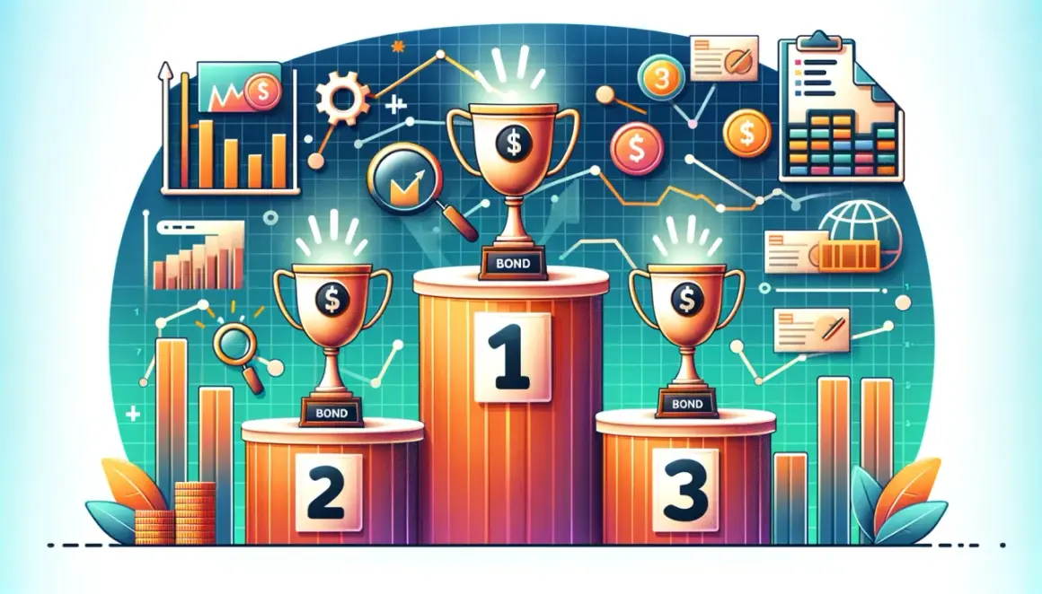 Trzy puchary na podium symbolizują sukces funduszy obligacji. Wykresy i monety sugerują wzrost wartości.
