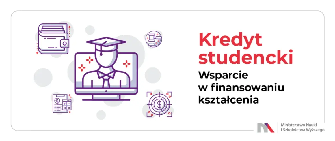 Grafika przedstawia ikonki związane z finansami i edukacją, symbolizujące kredyt studencki.