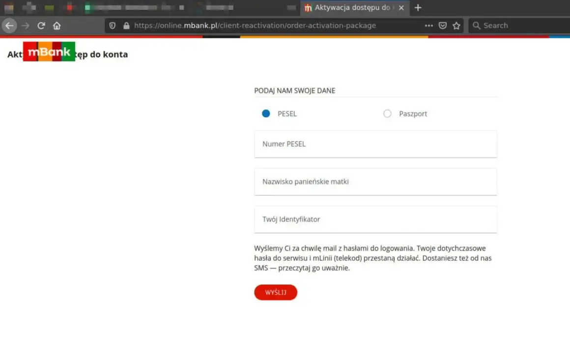 Formularz mBank do aktywacji dostępu. Wpisz PESEL, nazwisko panieńskie matki i identyfikator, by odblokować kartę mBank.