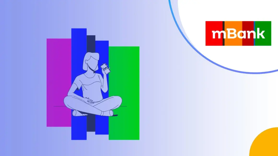 Ilustracja przedstawia osobę z telefonem, obok kolorowych prostokątów. Dowiedz się, jak usunąć zaufane urządzenie mBank.