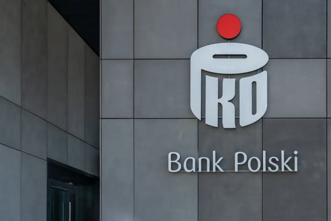 Logo PKO Banku Polskiego na szarej ścianie. Dowiedz się, jak kupić obligacje skarbowe w PKO BP.
