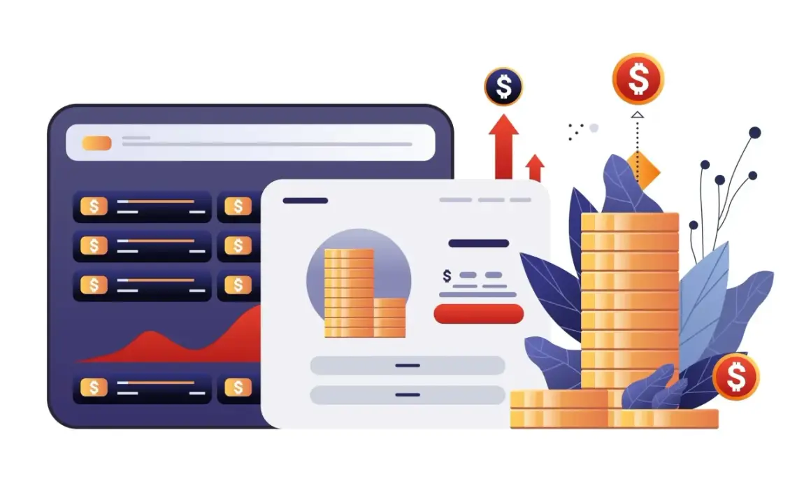 Ilustracja przedstawia nowoczesne narzędzia fintech: wykresy, stosy monet i ikony dolara symbolizujące wzrost finansowy i inwestycje.