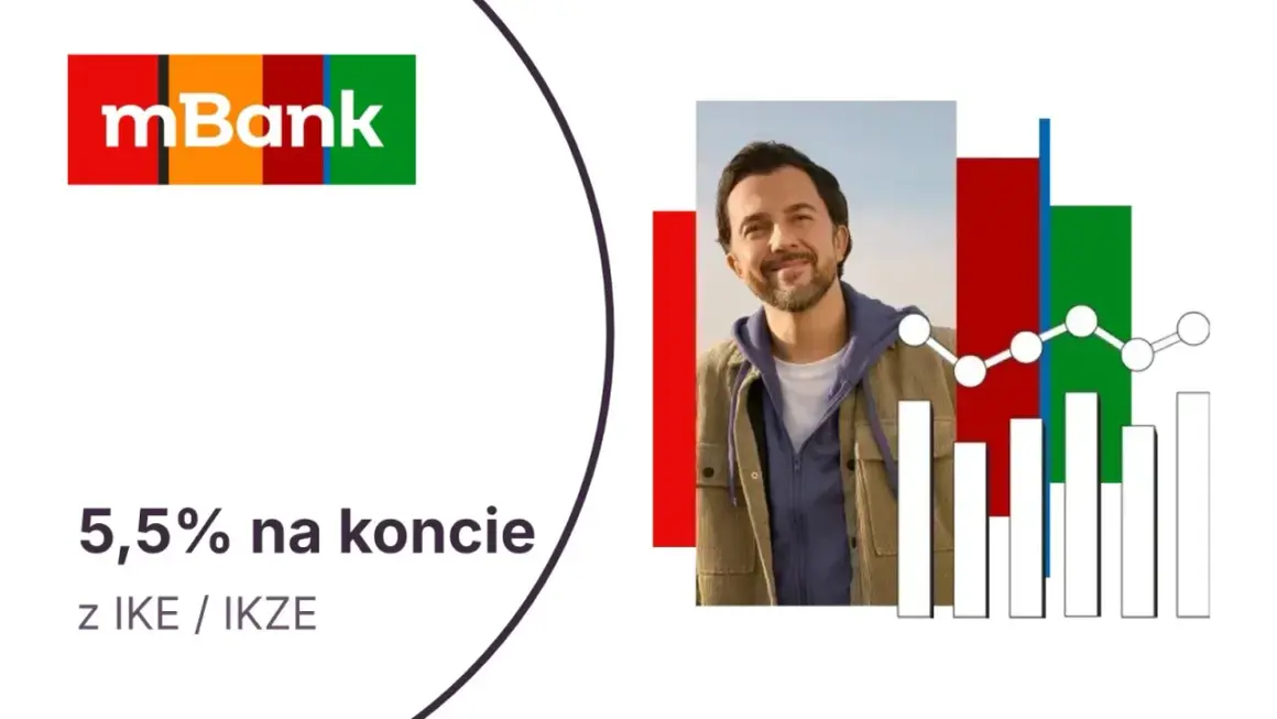 mBank oferuje 5,5% na koncie oszczędnościowym z IKE/IKZE. Uśmiechnięty mężczyzna na tle wykresów symbolizuje wzrost Twoich oszczędności.