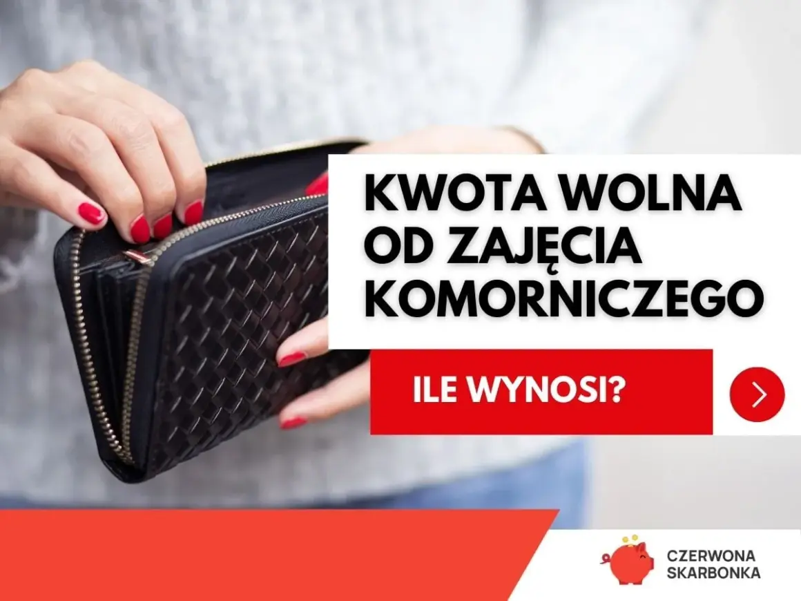 Dłonie z czerwonymi paznokciami otwierają pusty portfel. Tekst informuje o kwocie wolnej od zajęcia komorniczego.