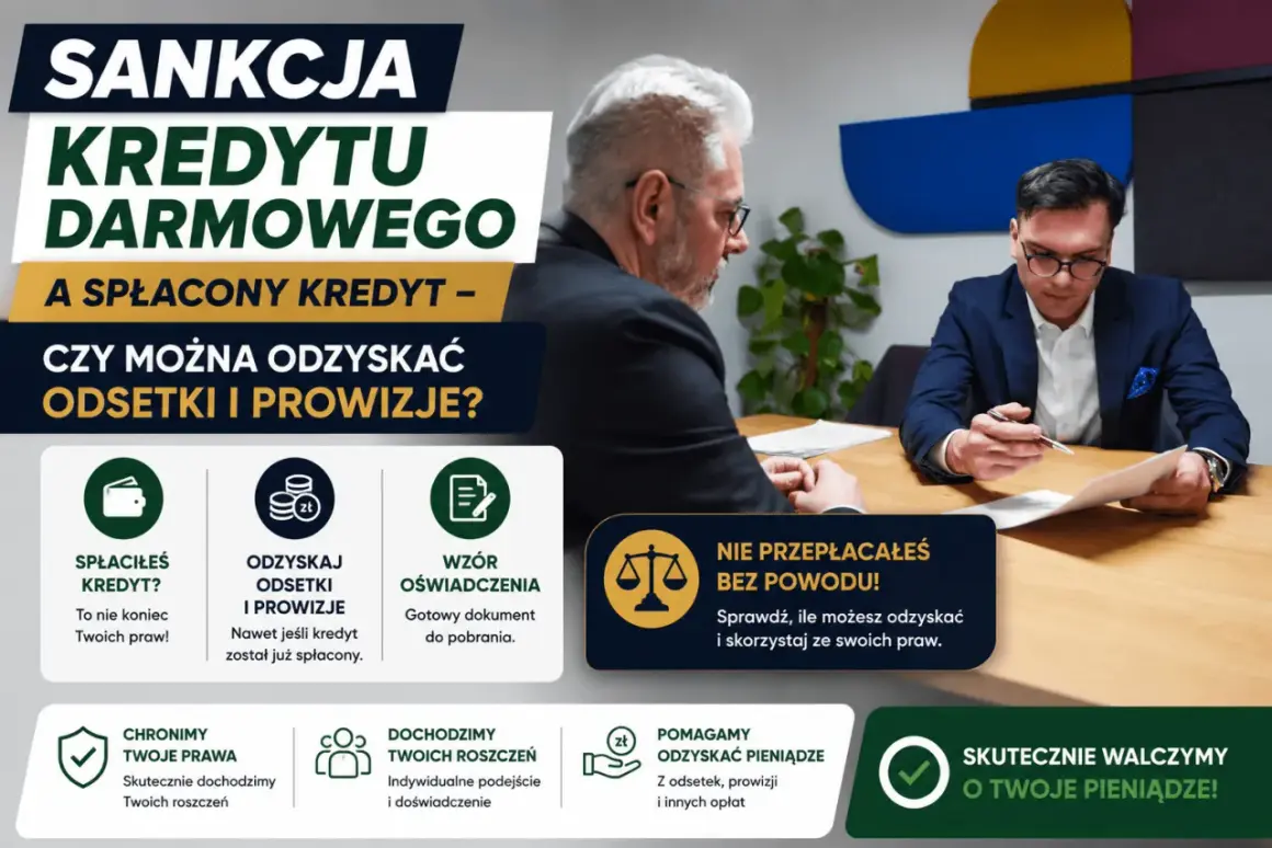 Sankcja kredytu darmowego: odzyskaj odsetki i prowizje po spłacie. Nie przepłacałeś bez powodu! Skutecznie walczymy o Twoje pieniądze.