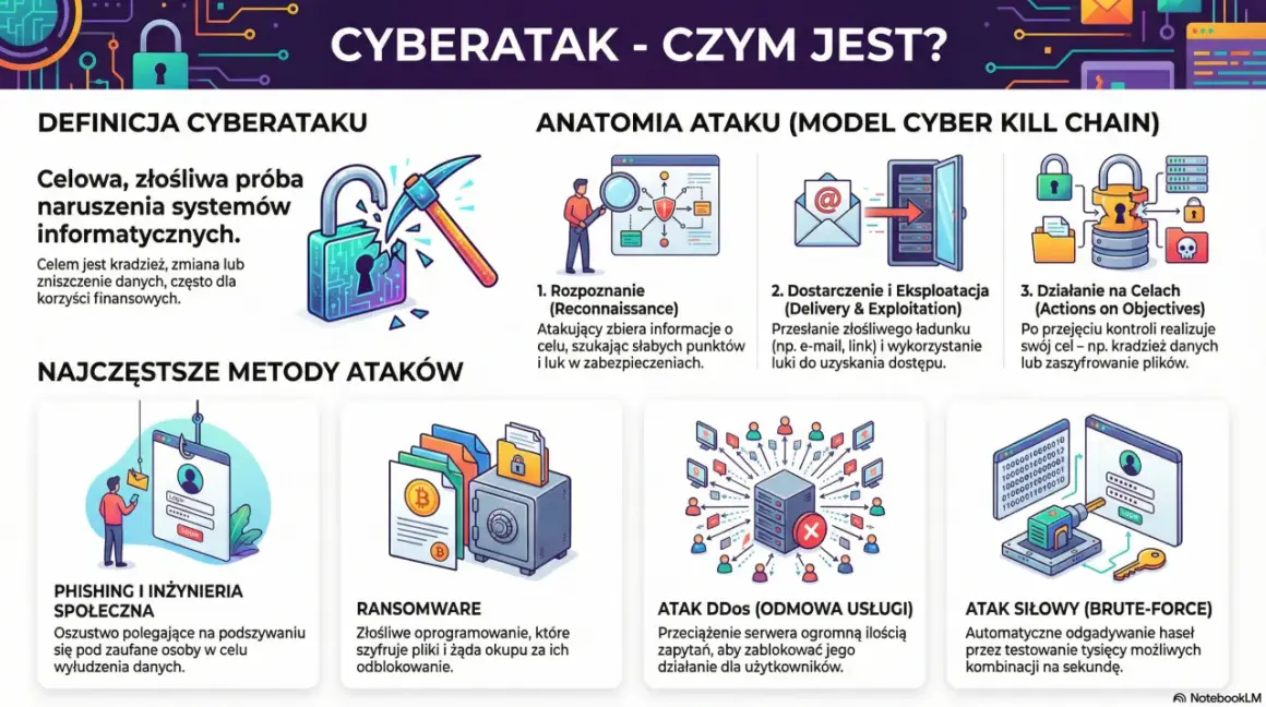 Ilustracja wyjaśnia, czym jest cyberatak, jego anatomię i najczęstsze metody, takie jak phishing czy ransomware.