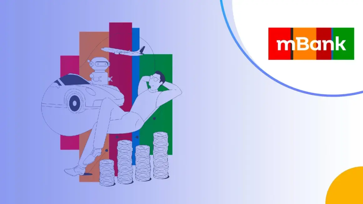 Zrelaksowany mężczyzna z mBank lokata na nowe środki, obok samochód, robot i samolot.