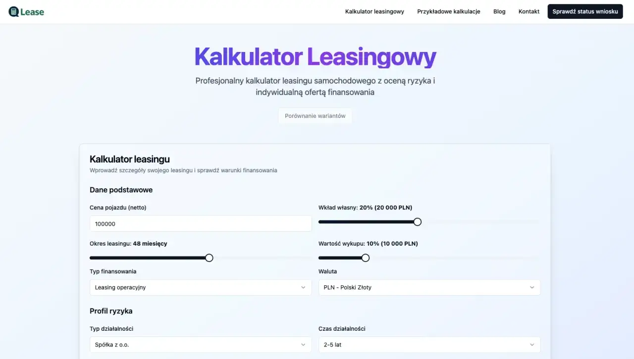 Kalkulator leasingu z opcją leasing operacyjny. Ustaw cenę pojazdu, okres, wkład własny i walutę.