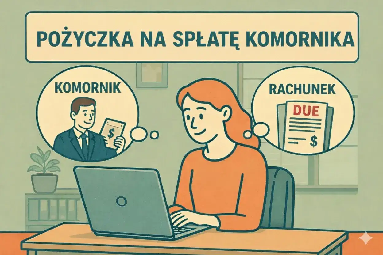 Kobieta szuka pożyczki na spłatę komornika i rachunków. Myśli o komorniku i zaległych płatnościach.