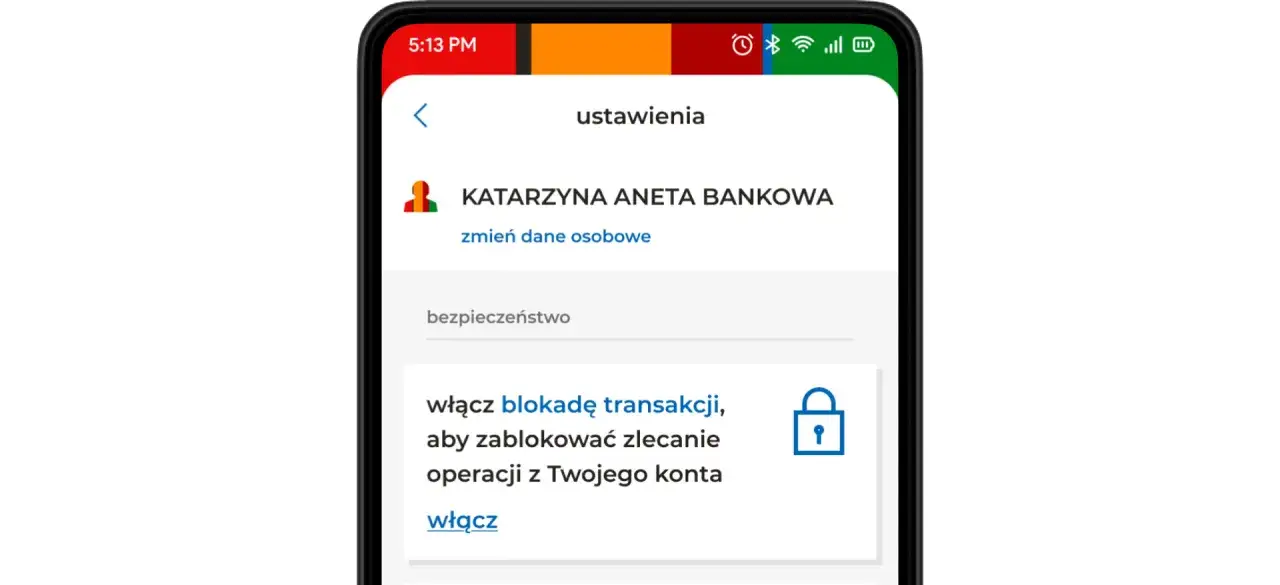 Ekran telefonu z aplikacją mBank. Widoczna opcja 