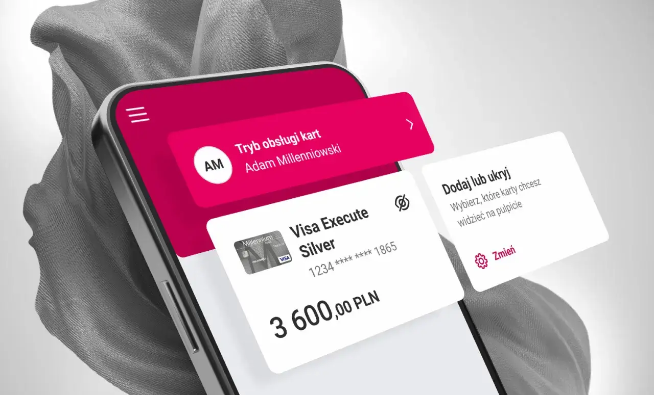 Aplikacja mobilna Banku Millennium pokazuje, jak sprawdzić numer konta. Widoczna karta Visa Execute Silver i saldo 3600 PLN.