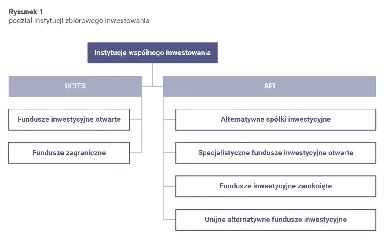 Schemat pokazuje, jak działają fundusze inwestycyjne: UCITS (otwarte, zagraniczne) i AFI (alternatywne, specjalistyczne, zamknięte, unijne alternatywne).