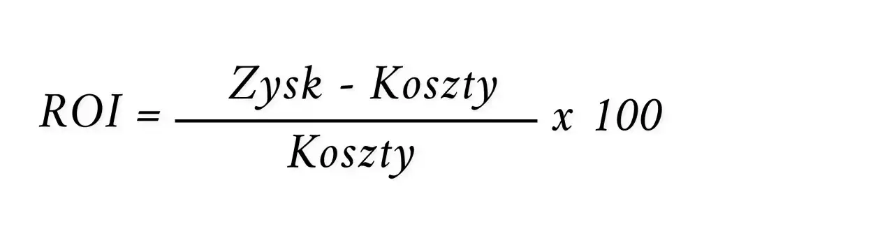 Wzór na wskaźnik rentowności inwestycji (ROI): (Zysk - Koszty) / Koszty * 100.