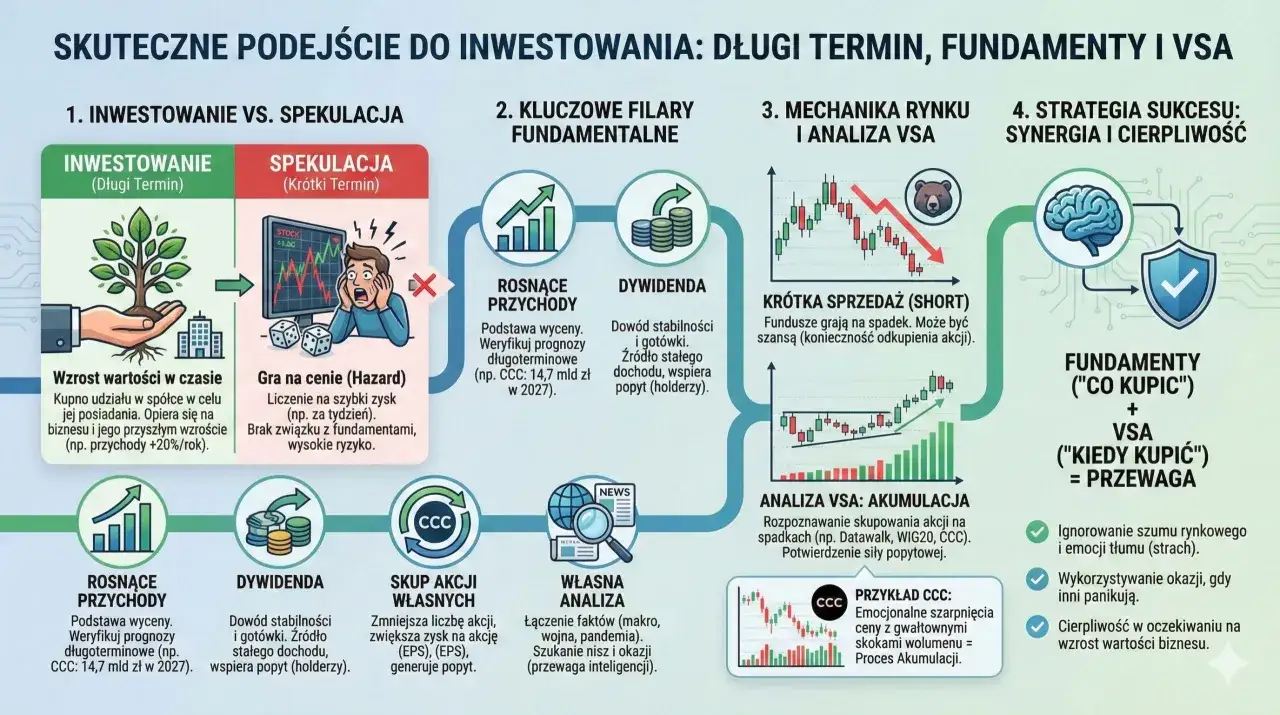 Czy giełda to hazard? Schemat por&oacute;wnuje inwestowanie długoterminowe (drzewko) ze spekulacją kr&oacute;tkoterminową (kostki, wykres spadkowy).
