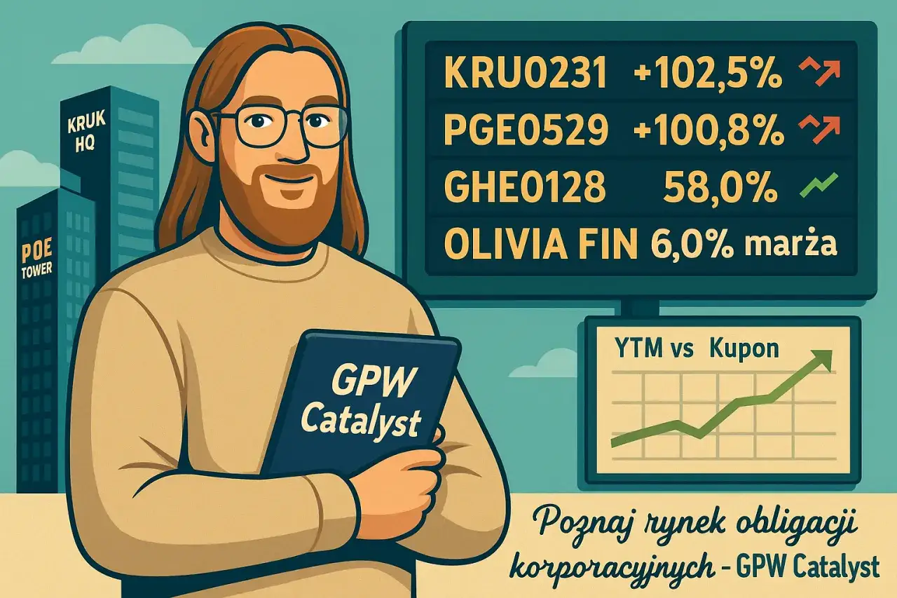 Mężczyzna z brodą i okularami trzyma tablet z napisem 