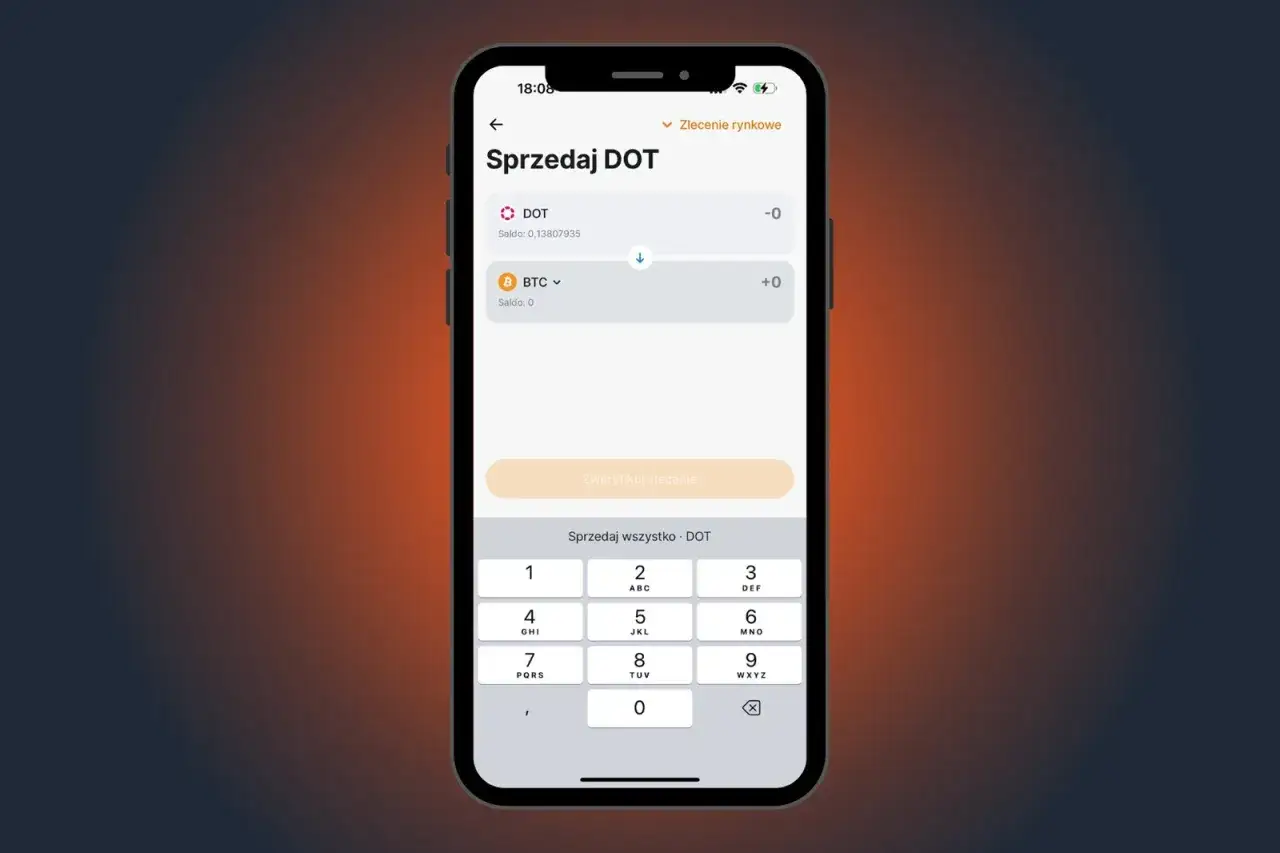 Aplikacja Revolut pokazuje ekran sprzedaży DOT. Użytkownik wpisuje kwotę, by wypłacić kryptowaluty.