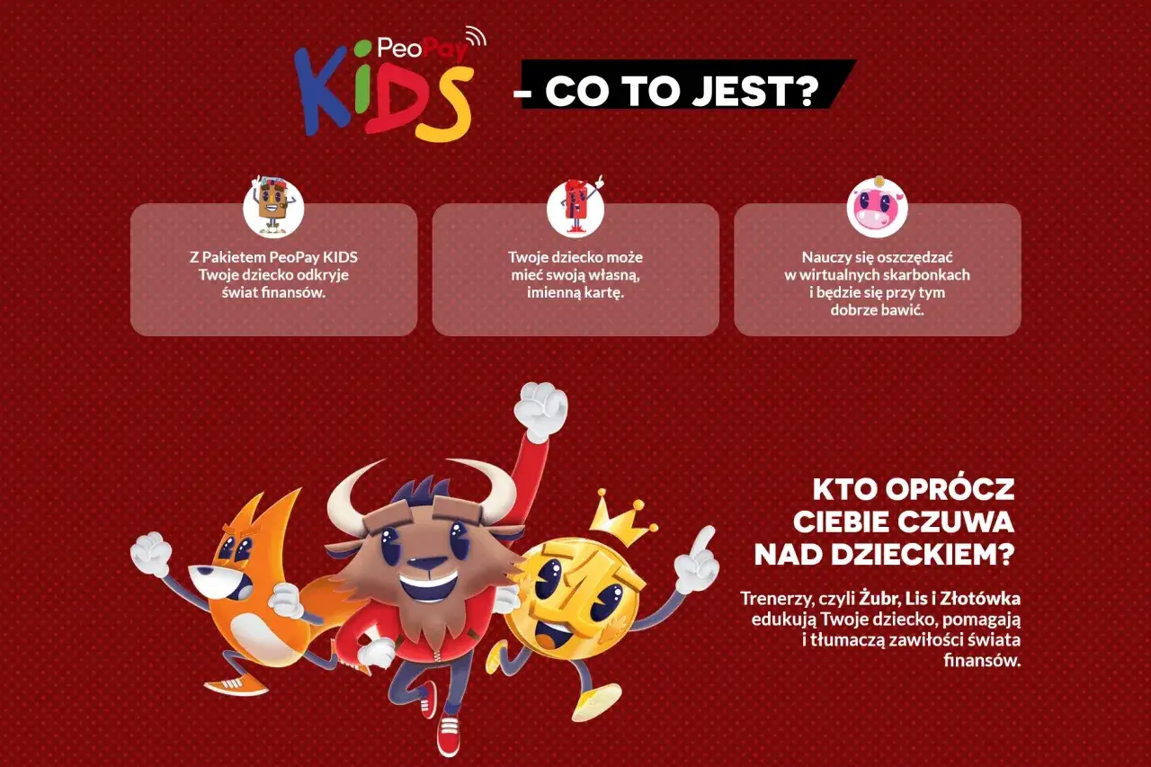 Konto dla dziecka PeoPay KIDS: odkrywanie finansów, własna karta i nauka oszczędzania z Żubrem, Lisem i Złotówką.
